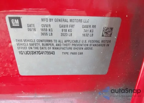 2016 Chevrolet Sonic Lt Auto из США, поврежденный, VIN 1G1JC6SH7G4179943